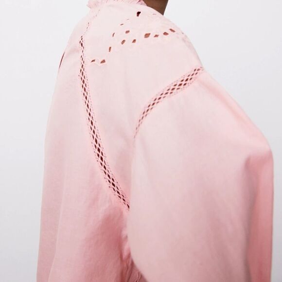 Zara Embroidered Eyelet Blouse New Pink Barbiecore - Picture 2 of 7